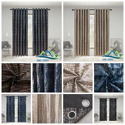 French Velvet Curtains Foil Luxury Modern Ready Made Fully Lined Ring Top Pair • £22.99