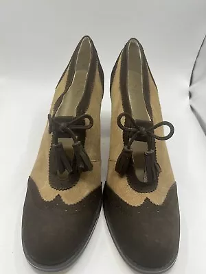 Wittner Brown Leather Oxford Style Lace Up Tasseled Block Heels Size 9 Two Tone • $59.99