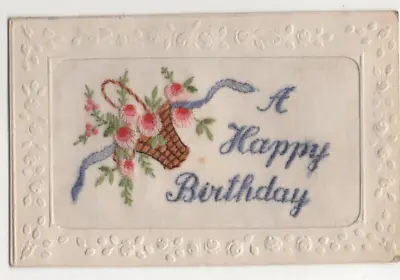 WW1 Embroidered Silk Postcard Happy Birthday Flowers Ribbon Military Sentimental • £4