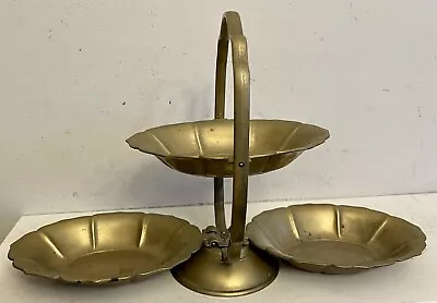 3-Tier Serving Tray Solid Brass Folding W/Handle Vtg Mid Century Nut Candy Dish • $34.99