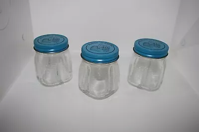 Osterizer Blend N Store 8 Oz. Jars Blue Teal Lids Lot Of 3 Oster Textured Glass • $12.99