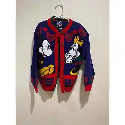 VINTAGE Mickey & Minnie Mouse Walt Disney Knit Cardigan Sweater Kids Small • £36.14