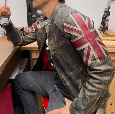 Men's Motorcycle Vintage Racer Union Jack Lambskin Leather Distressed Jacket • £89.45