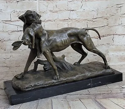 Signed Leccourtie Hunting Dog W/ Rabbit Hunter Bronze Sculpture Art Deco Gift • $469