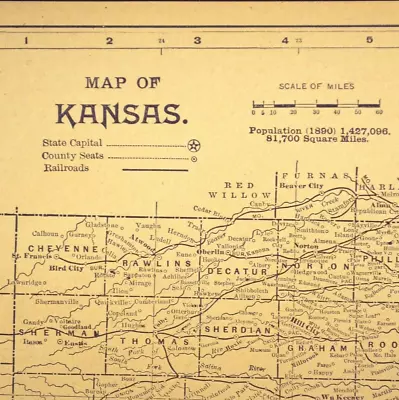 1890 Vintage KANSAS Map Wall Art Old Original Topeka Antique Sepia Tone • $12.95