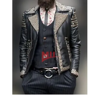 Handmade Men's Premium Black With Silver Studded Fashion Genuine Leather Jacket • $219.99