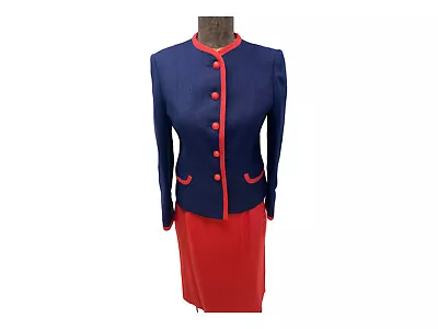 Vintage 70s Blue Red Linen Skirt Suit By Mort Schrader Sz 6 • $38.99