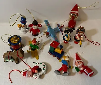$12.99 • Buy VTG Miniature Wood Christmas Ornaments Lot (13) Plane Skater Drum Santas Angels
