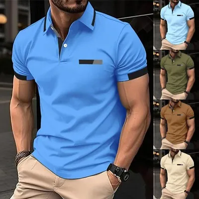 Mens T Shirts Short Sleeve Polo Shirt Men Casual Running Colorblock Blouse Golf • $20.99