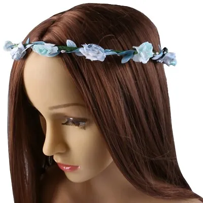 FLOWER GIRL ROSE FLORAL HEADDRESS Hair Band Blue Turquoise Leaf Bridal Garland • £4.61