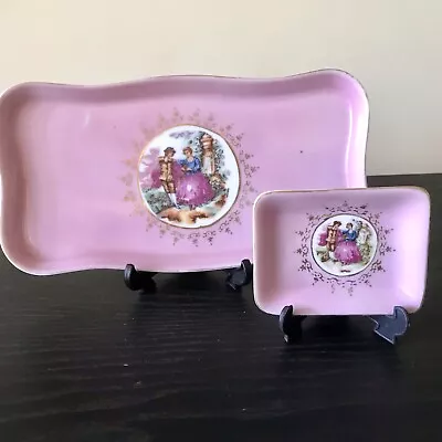 Vintage Pink Dresser Tray And Trinket Dish - Courting Couple Hand Painted 1950s • $25