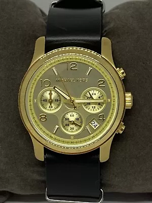 Michael Kors MK5055 Unisex Black Leather Analog Gold Dial Genuine Watch GE44 • $59.99