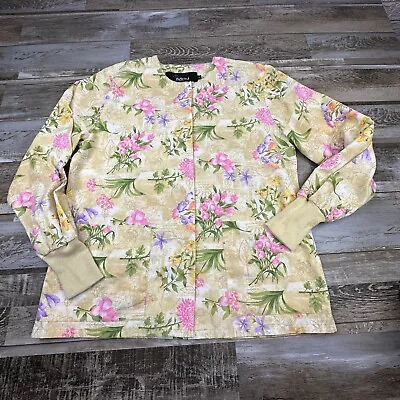 Women's MNJ Scrub Jacket S Yellow Pink Floral Long Sleeve Nurse Medical • $11.99