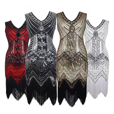 1920s Flapper V-neck Great Gatsby Charleston Sequins Beaded Fringe Fancy Dress • $31.46