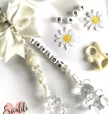 Personalised Pram Charm Clip Dummy Teddy White Neutral Boy Girl Baby Shower Gift • £7.95
