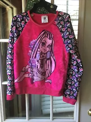 Girls Monster High Fleece Velour Pink Black Flowers Sweatshirt Size Large 10-12 • $10.99