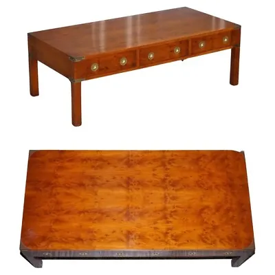 Restored Burr Yew & Elm Brass Military Campaign 3 Drawer Coffee Table • £1650