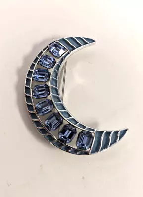 Vintage Estate Jewelry KRAMER NY Blue Rhinestone Brooch Pin Silver Art Deco Moon • $57.95