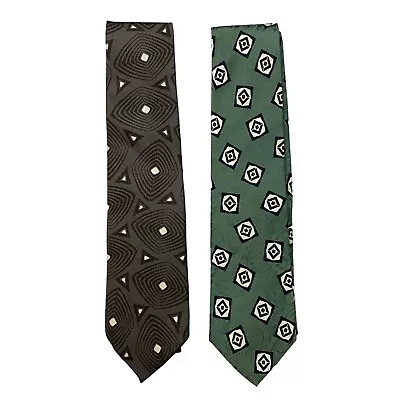 Vintage Lands End Silk Ties Lot Of 2 Green Brown Geometric Abstract Made In USA • $13.92