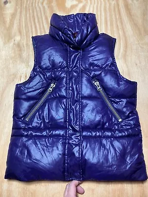 H&M Womens Sz 4 Puffer Vest Shiny Purple Stand Collar Exposed Zipper Pockets • $12.99