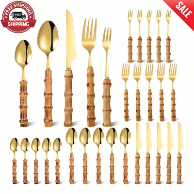 Bamboo Handle Silverware Set 30 Pcs Set For 6 Stainless Steel Flatware Set NEW • $62.61