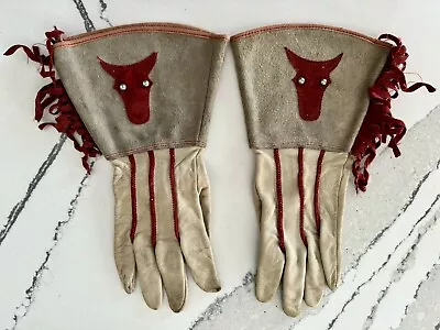 Vintage Youth/ Child Western Rawhide Leather Fringe Studded Gauntlet Gloves • $49.99