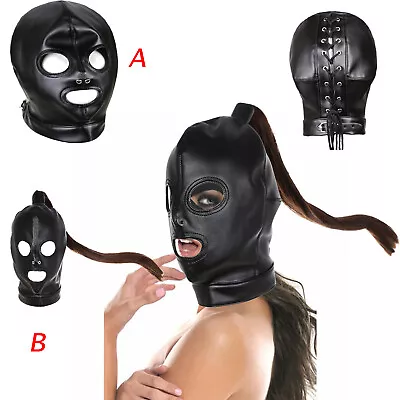 Adult Unisex PU Leather Gimp Head Harness Headgear Hood Party Mask Ponytail Wigs • $23.48