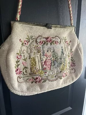 Vintage Needlepoint Purse 1950s Tapestry Wool Handbag Large Victorian Couple 15” • $29.99