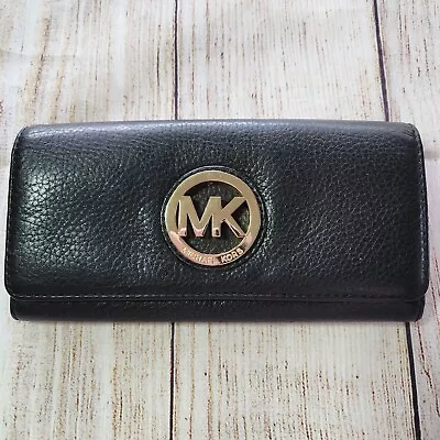 Michael Kors MK Fulton Envelope Wallet Black Clutch 8x4 Large Pebble Leather • $37.97