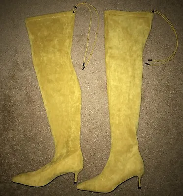 Yellow Over The Knee Boots Drawstring Top 2 In Kitten Heel Faux Suede US 9 EU 41 • $44.99