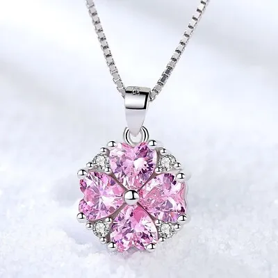 925 Sterling Silver Crystal Pink Heart Pendant Necklace Women Jewellery Gift UK • £3.99