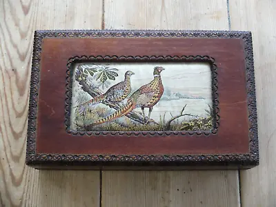 Vintage 1980s Wooden Box With Woven Picture Of Pheasants. Made By J & J Cash Ltd • £28.10