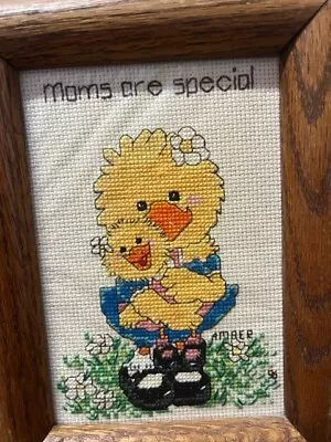 Vtg Framed Hand Embroidered Picture Mother Duck With Baby 6  X 8  Mom's Are Spec • $24.99