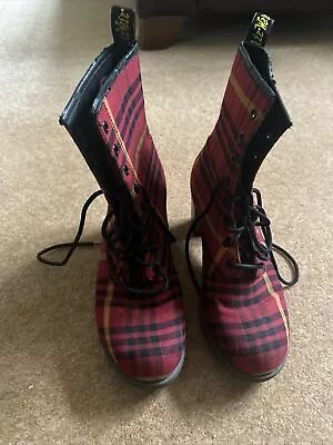 Dr Martens Darcie Red Tartan Canvas Red Heel Court 8 Eyelet Boots UK7 EU41 Vgc • £74.99