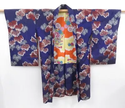 3827T08z450 Vintage Japanese Kimono Silk MEISEN HAORI Leaf Dark Lavender • $39