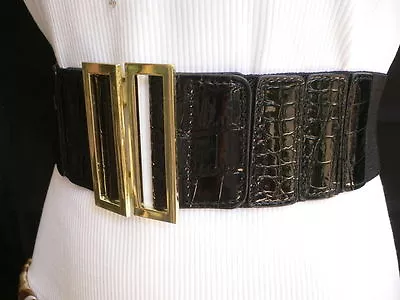 New Women Black Elastic Waistband Wide Fashion Belt Gold Metal Buckle Size S M • $9.99