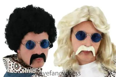Mens 70s Kit Wig Glasses And Moustache Black Afro Blonde Flick Hippy Fancy Dress • £7.99