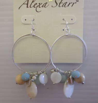 ALEXA STARR Dangling Silvertone Amazonite Gemstone Mother Of Pearl Hoop Earrings • $6.99