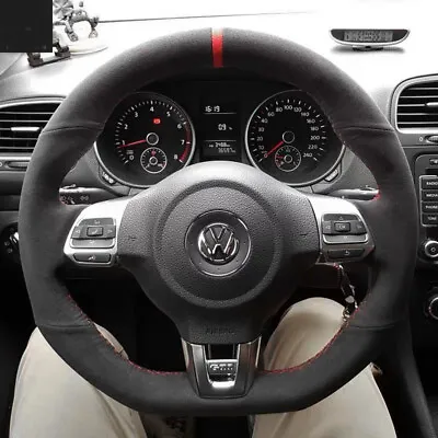 Black Suede Red Marker Car Steering Wheel Stitch-on Wrap For VW Golf MK6 GTI • $37.84