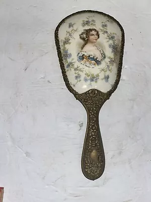 Antique Victorian Porcelain Brass Handle Vanity Hand Mirror • $39.95