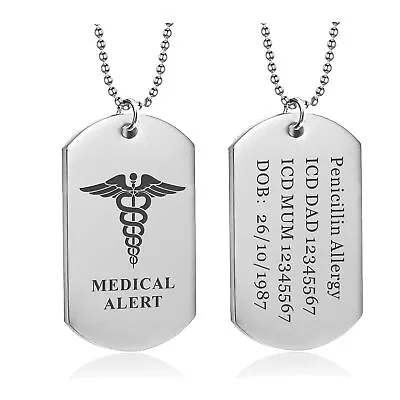 Personalised Medical Alert Necklace Amy Dog Tag ID Medical Allergy ICE Contact • £6.99