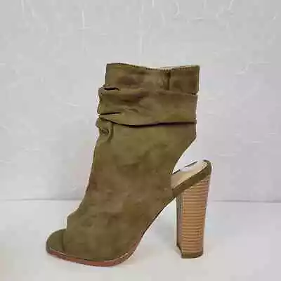Liliana Anson Womens Boots Size 7.5 Olive Suede Peep Toe Ankle Cutout Block Heel • $30