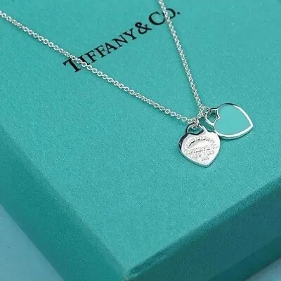 £40.99 • Buy Tiffany Mini Double Heart Necklace Pendant Blue Enamel Silver 925