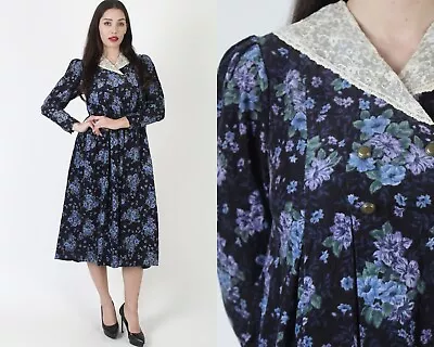 Vtg 80s Laura Ashley Dress Floral Lace Collar Barn Farm Country Prairie US 6 • $98