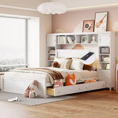 Queen Size Wooden Bed With All-in-One Cabinet Shelf And Sockets US Stock • $798.28