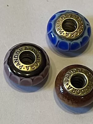 3 Genuine Pandora 14ct Gold Multi Colour Murano Glass & Wood Charms 585 ALE Worn • £180