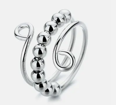 Anxiety Worry Silver Beads Relieve Finger Ring Adjustable Women Men Jewellery • $8.81