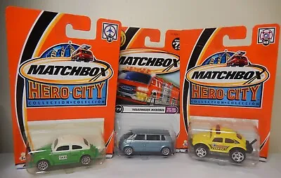 3 Matchbox VW Volkswagen Micro Bus And Beetles Long Card • £6