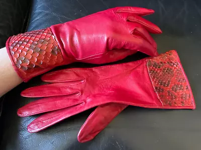 Vintage Carlos Falchi Red Leather Gloves With Accent Snakeskin Women's Size 7 • $29.99