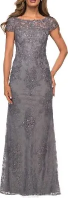 New La Femme Floral Lace Sequin Cap Sleeve Sheath Gown Dark Platinum Sz 10 $639 • $111.98